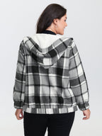 Checkered Pattern Lined Faux Fur Zipper Hoodie