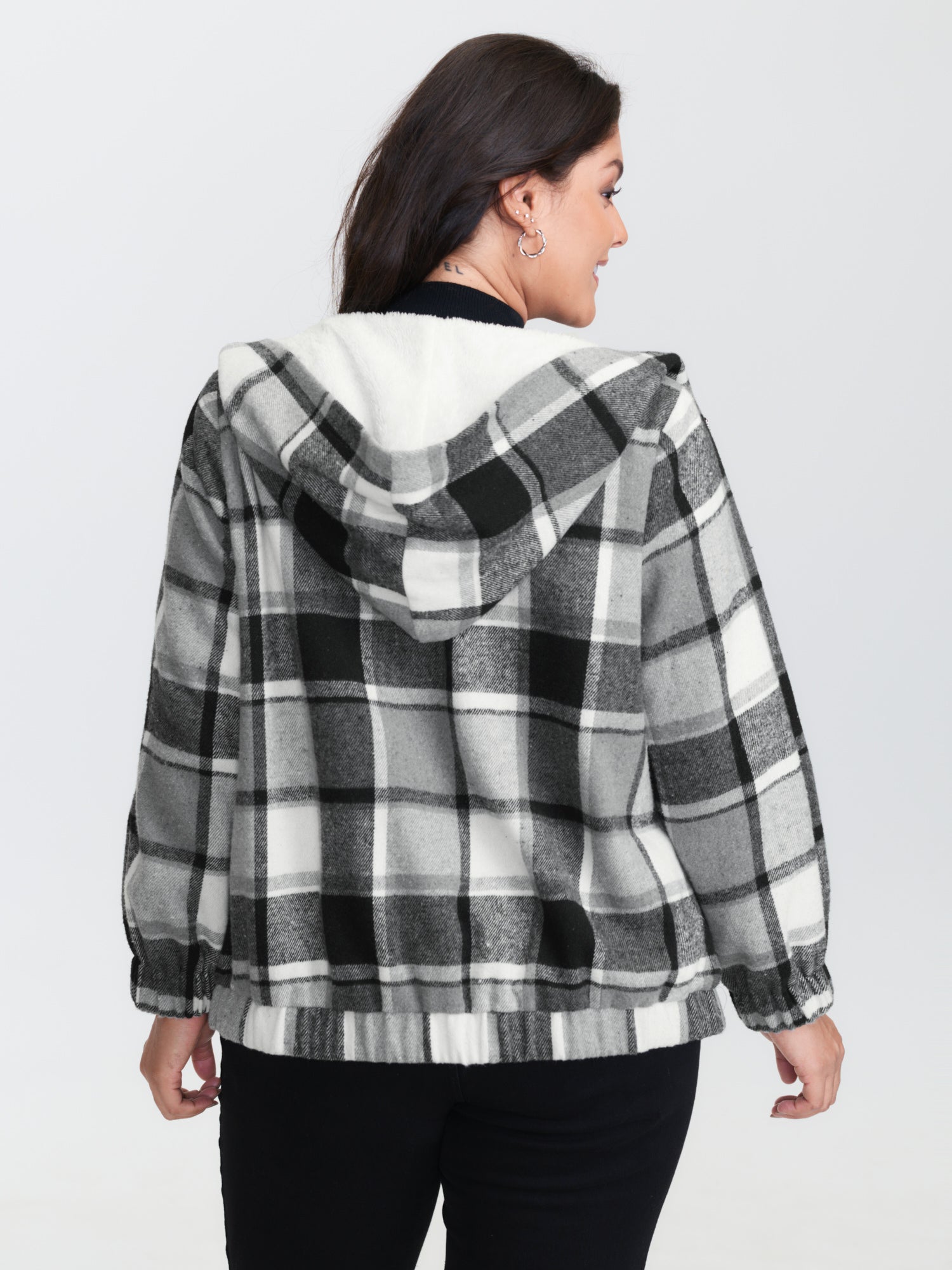 Checkered Pattern Lined Faux Fur Zipper Hoodie