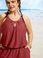 Solid Keyhole Elastic Waist Gathered One Piece Swimsuit