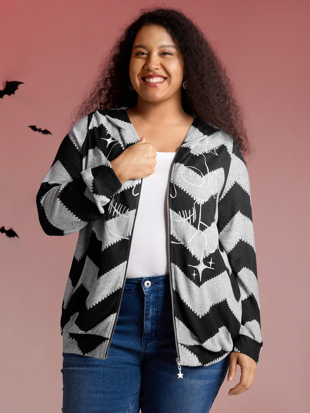 Wavy Stripe Skull Embroidery Zipper Hoodie