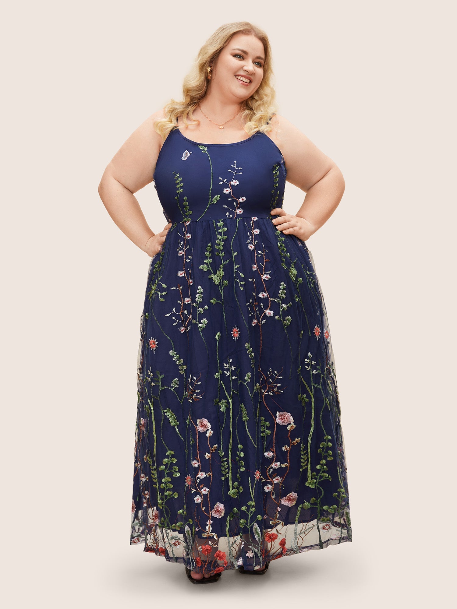 U Neck Floral Embroidered Mesh Cami Dress