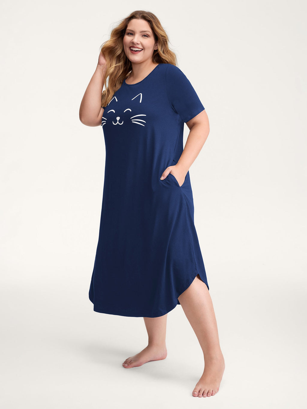 Happy Cat Print Stretchy Contrast Sleep Dress