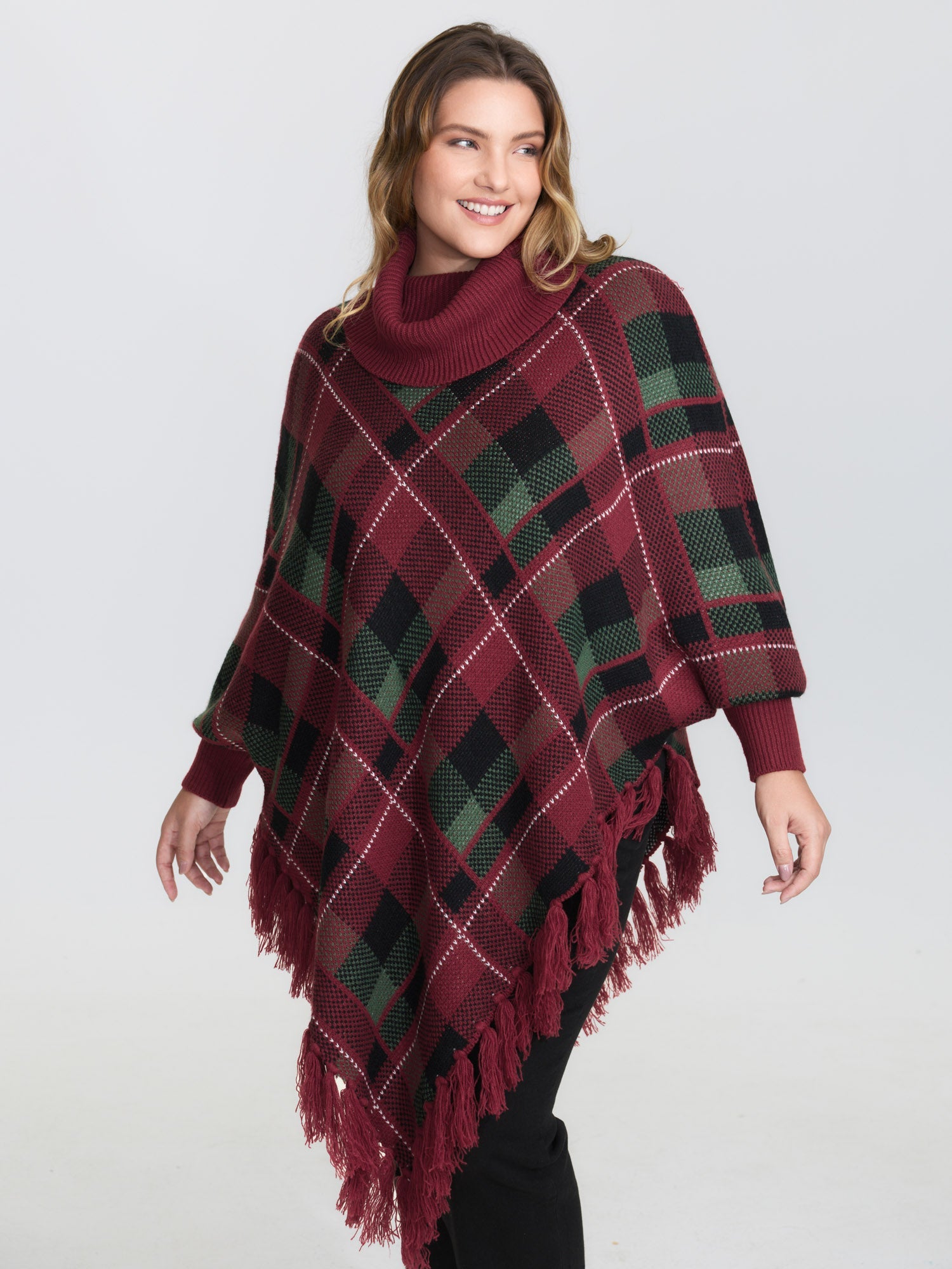 Holiday Plaid Turtleneck Fringe Hem Pullover