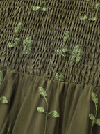 Floral Embroidered Shirred Lined Midi Dress