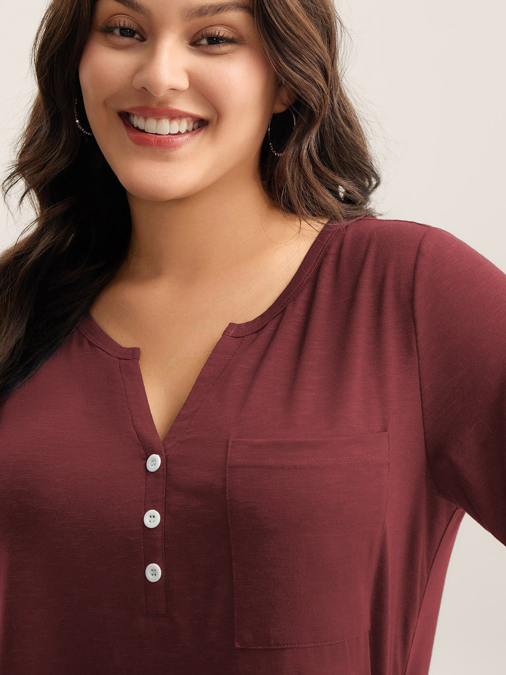 Solid Split Neck Button Detail T-Shirt
