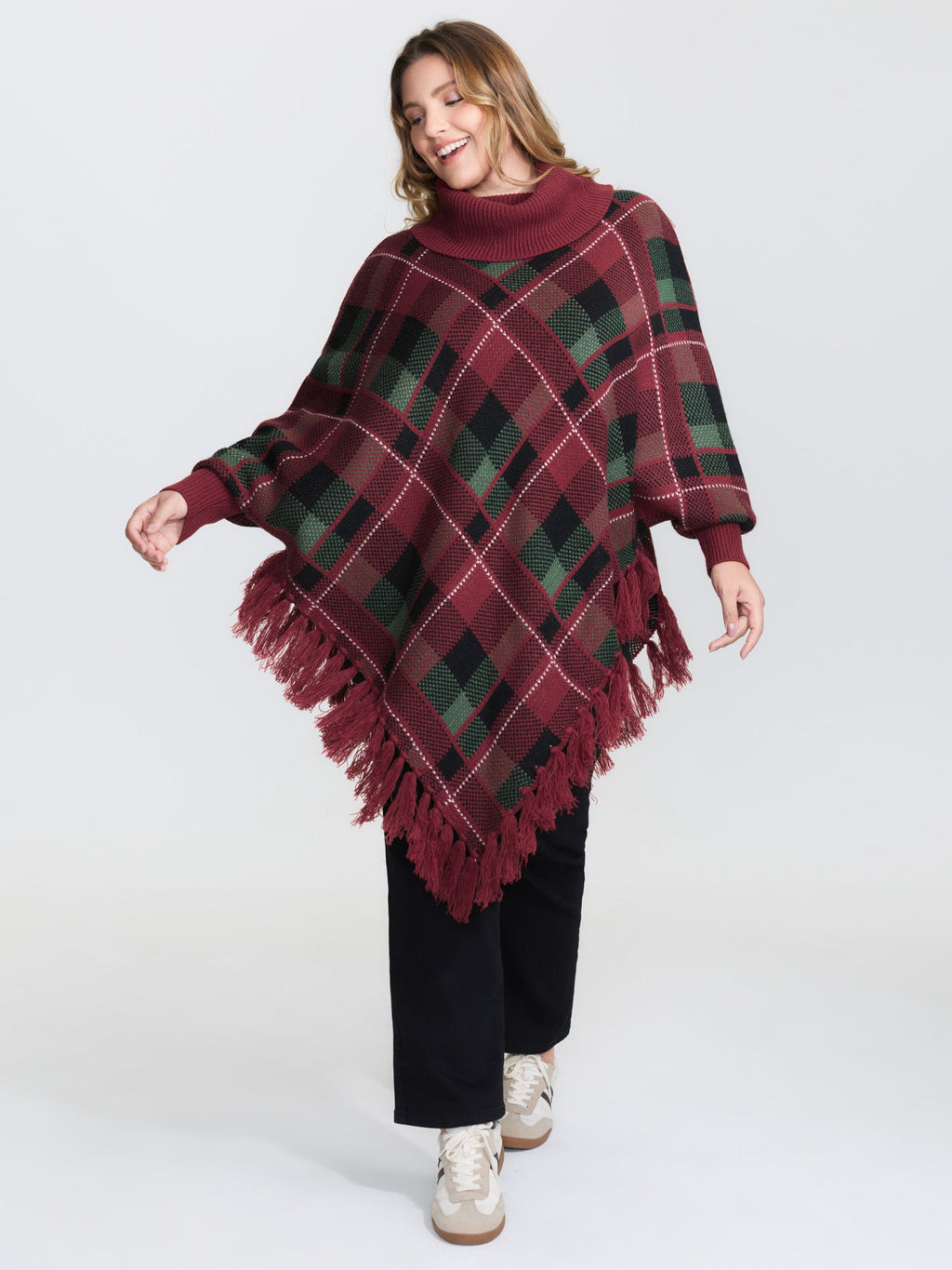 Holiday Plaid Turtleneck Fringe Hem Pullover