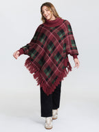Holiday Plaid Turtleneck Fringe Hem Pullover