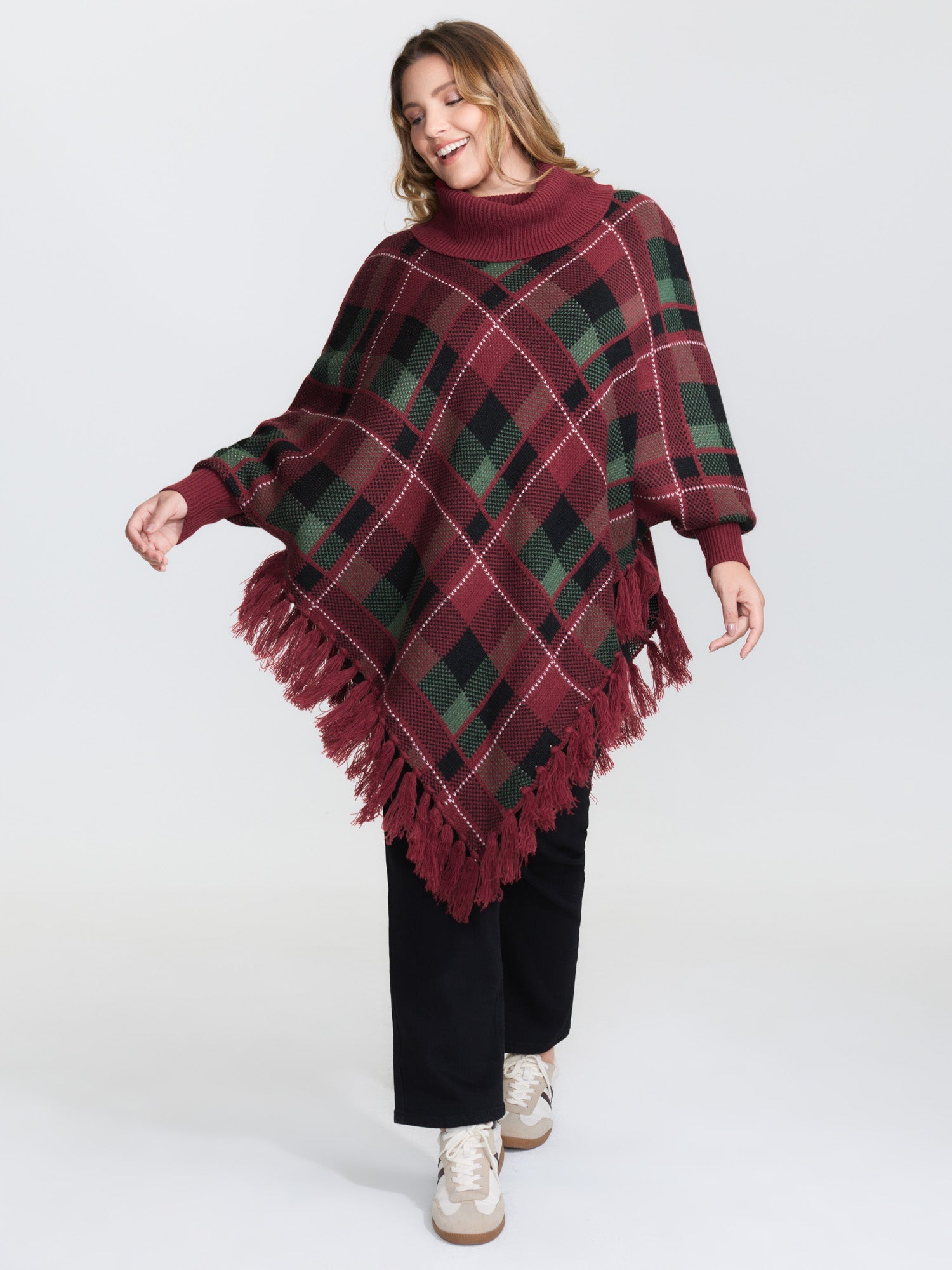 Holiday Plaid Turtleneck Fringe Hem Pullover