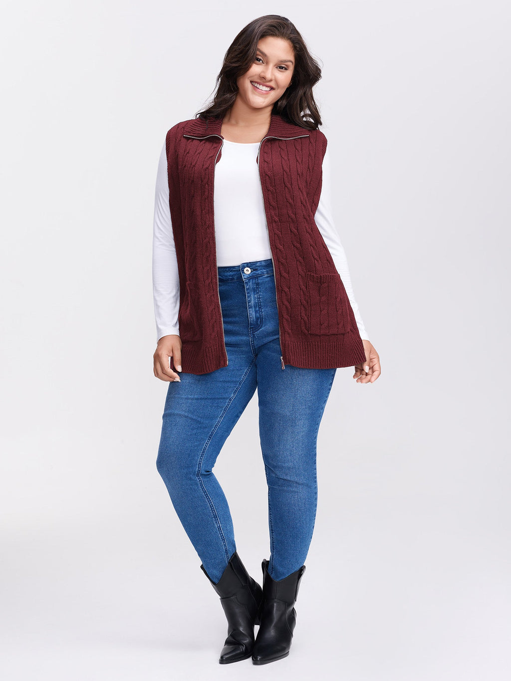 Cable Zipper Sleeveless Knit Cardigan