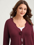 Supersoft Textured Floral Button Ruffled Hem Knit Cardigan