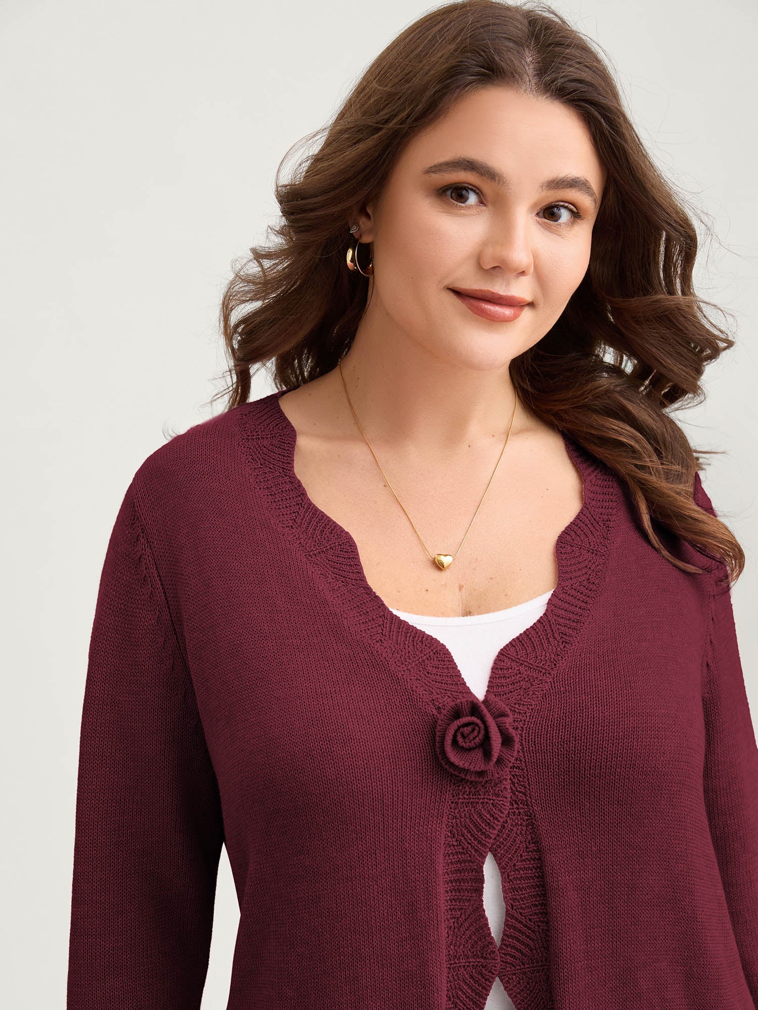 Supersoft Textured Floral Button Ruffled Hem Knit Cardigan