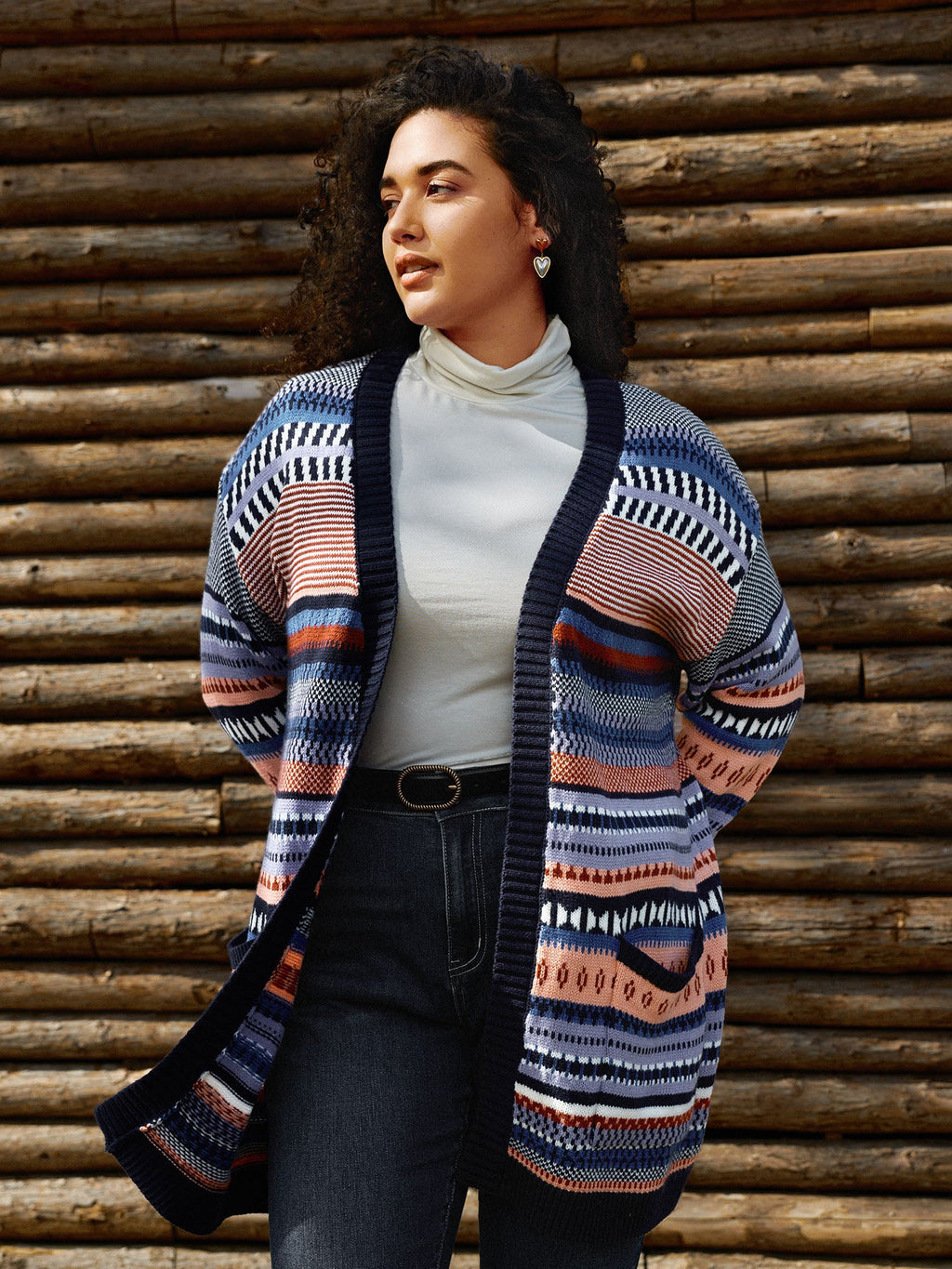 Multicolor Stripe Jacquard Pockets Knit Cardigan