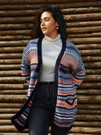 Multicolor Stripe Jacquard Pockets Knit Cardigan