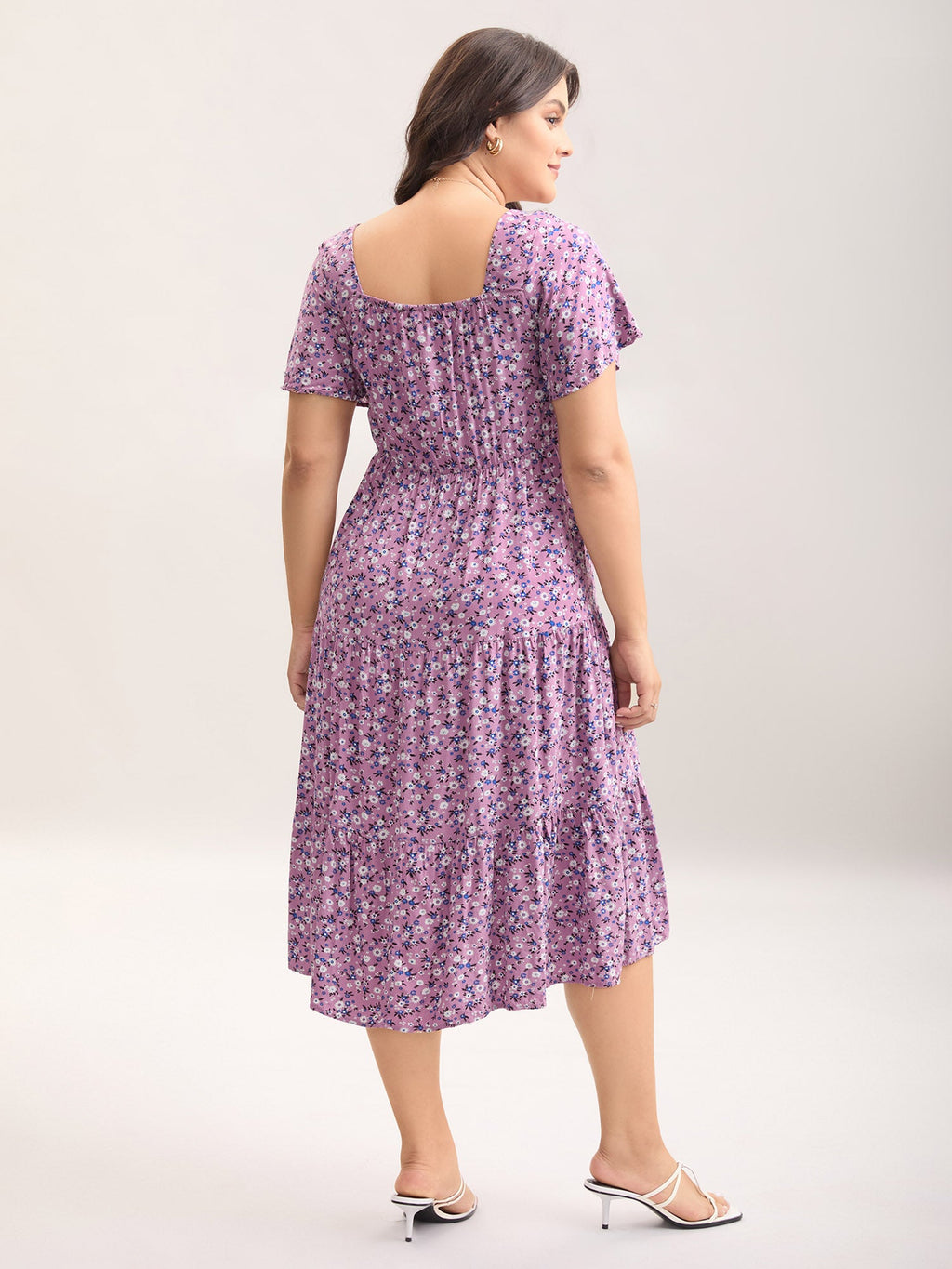 Ditsy Floral Sweetheart Drawstring Pocket Tiered Dress