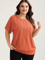 Eyelet Trim Stretchy Textured Plain Top