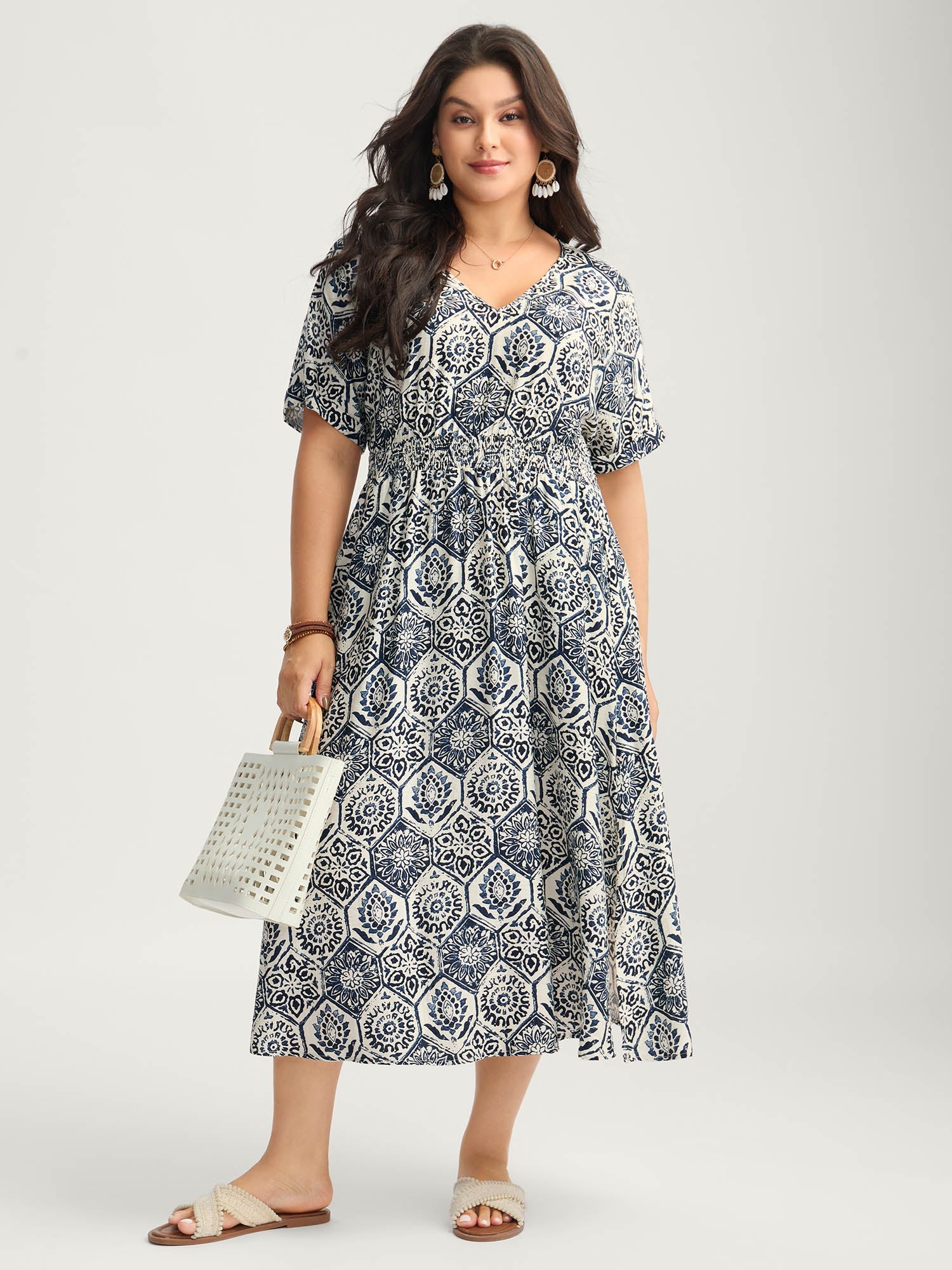 Boho Geometric Print Split Midi Dress