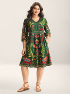 Boho Print V-Neck Pockets Midi Dress