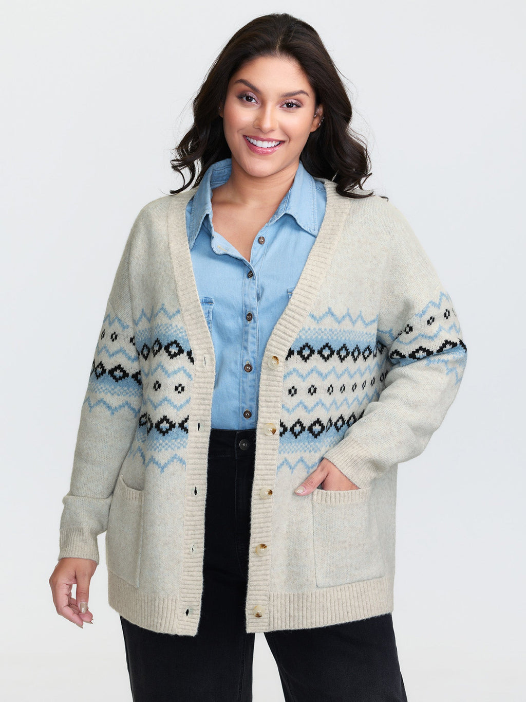 V-Neck Geometric Pattern Button Front Cardigan