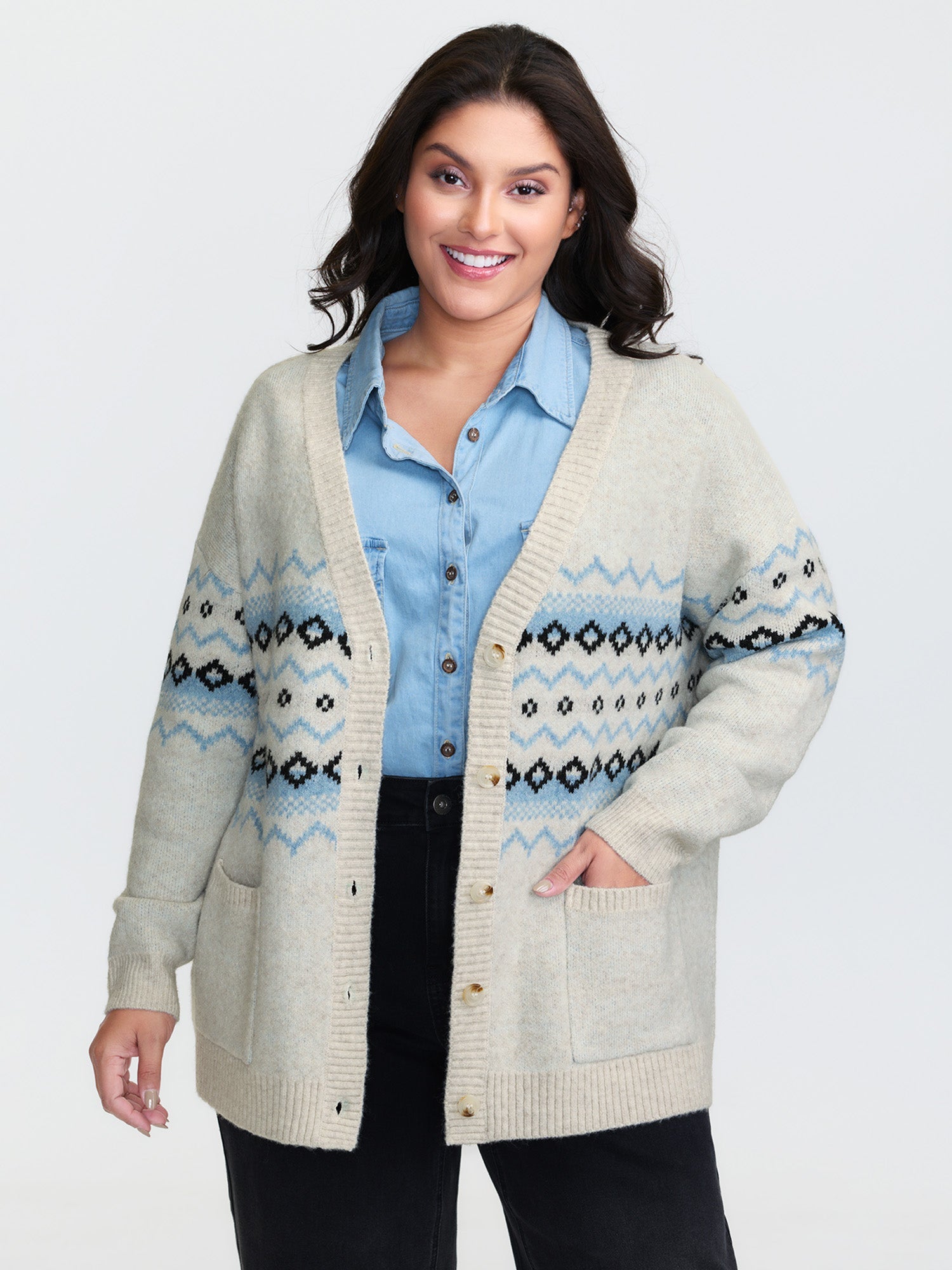 V-Neck Geometric Pattern Button Front Cardigan