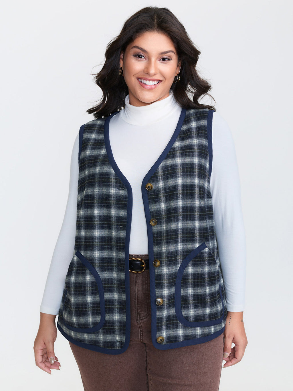 Fleece Checkered Pattern Button-Down Vest