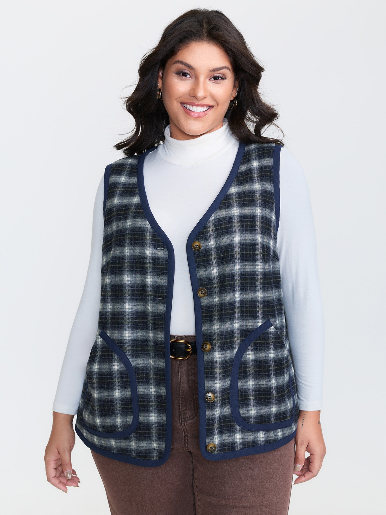 Fleece Checkered Pattern Button-Down Vest