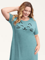 Happy Cat Print Stretchy Contrast Sleep Dress