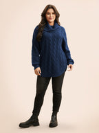 Turtleneck Cable Knit Curved Hem Pullover