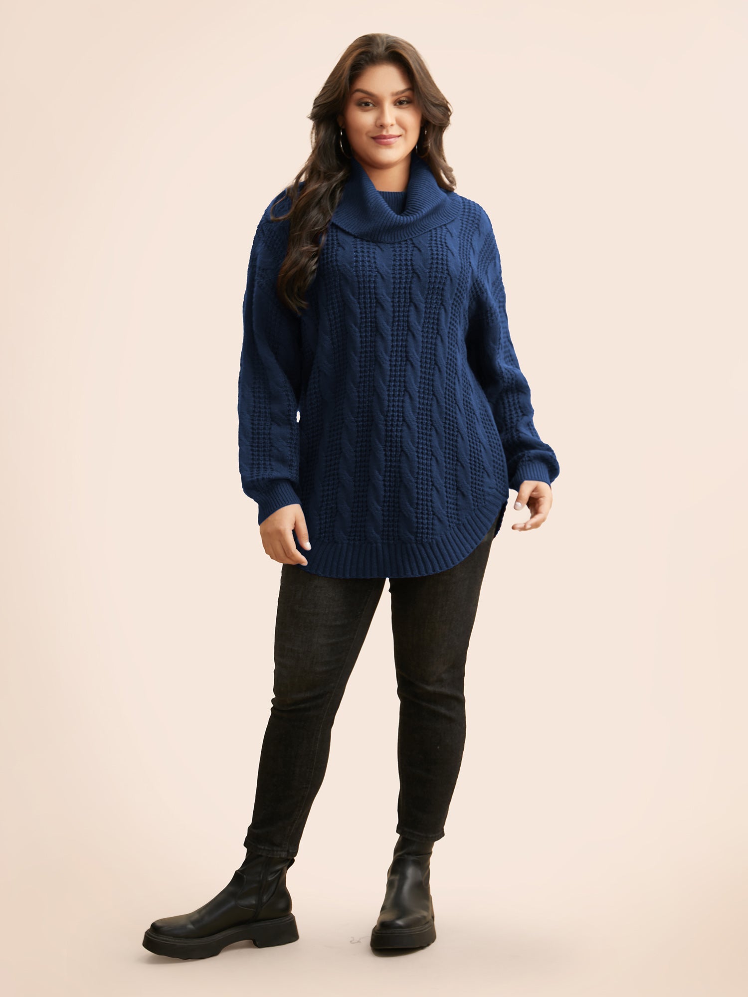 Turtleneck Cable Knit Curved Hem Pullover