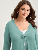 Supersoft Textured Floral Button Ruffled Hem Knit Cardigan