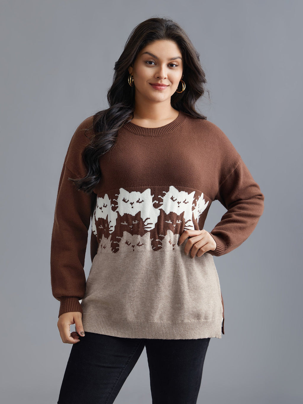 Cat Contrast Drop Shoulder Pullover