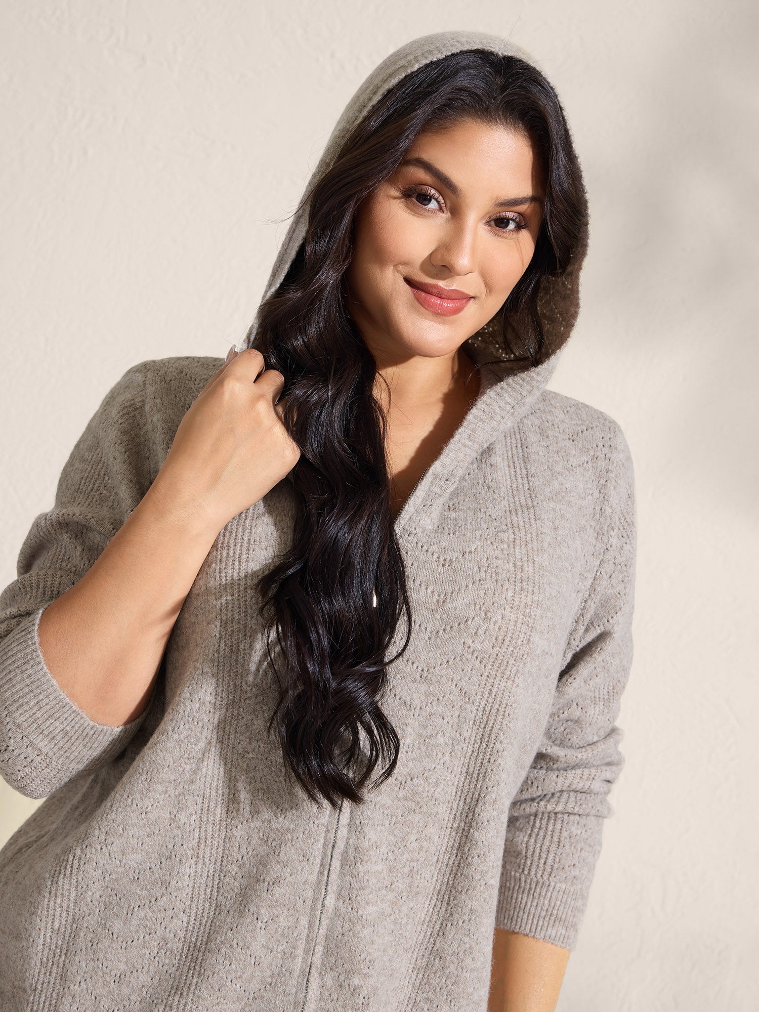 Hooded Zipper-Front Knit Cardigan