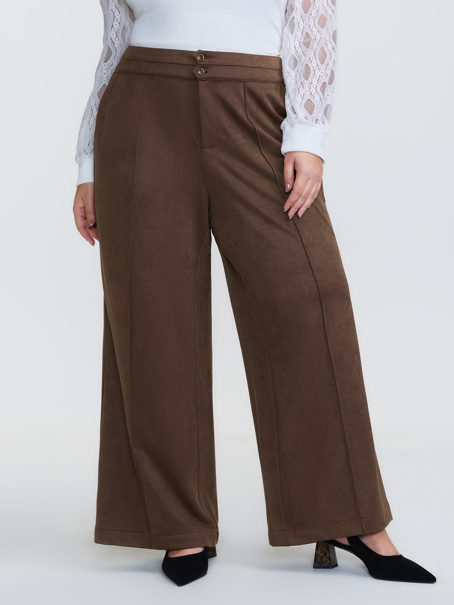 Pleated Double Button Flared Hem Pants