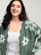 Floral Pattern Open-Front Knitted Cardigan