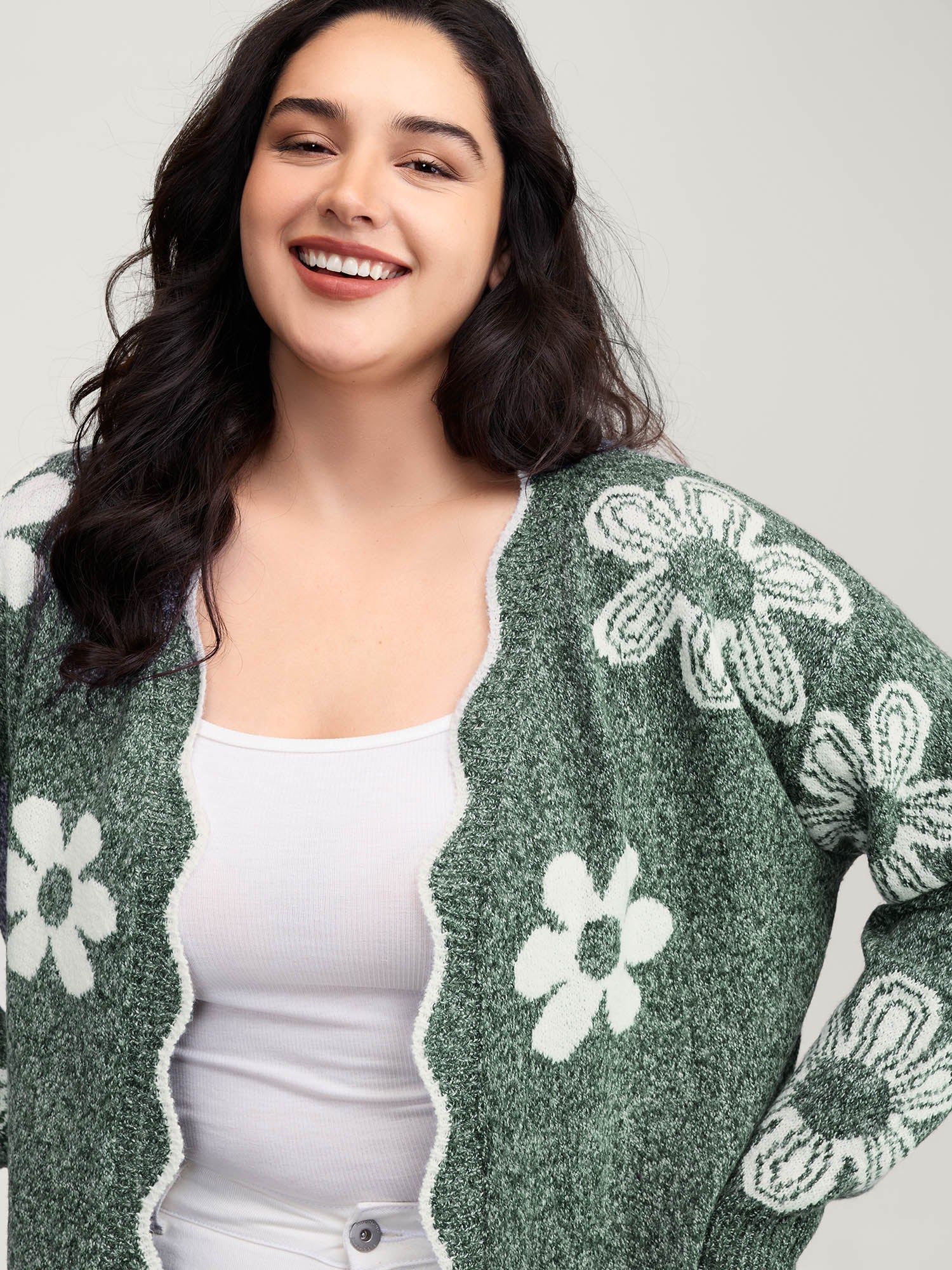 Floral Pattern Open-Front Knitted Cardigan