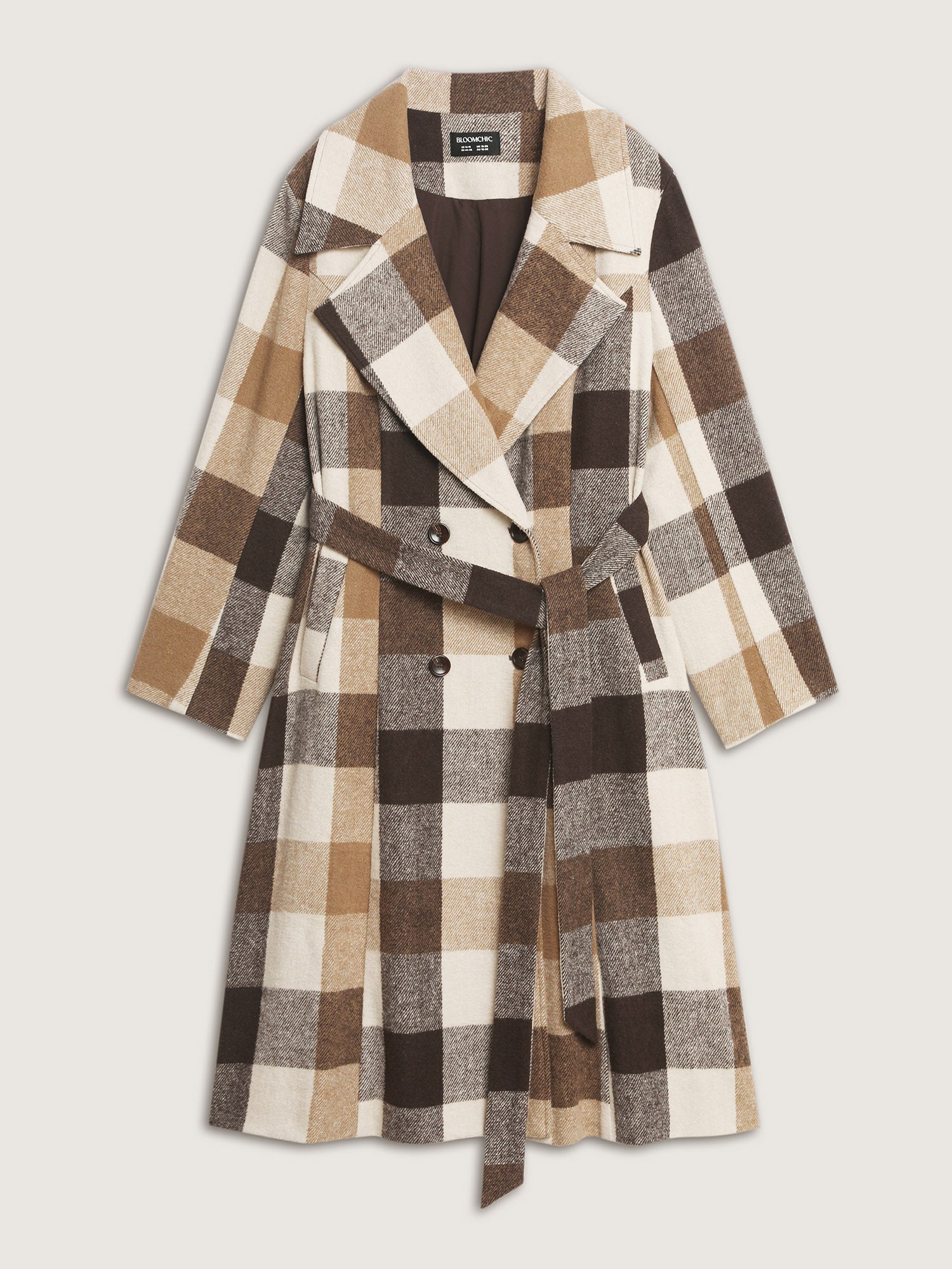 Plaid Lapel Double Breasted Belted Waist Coat