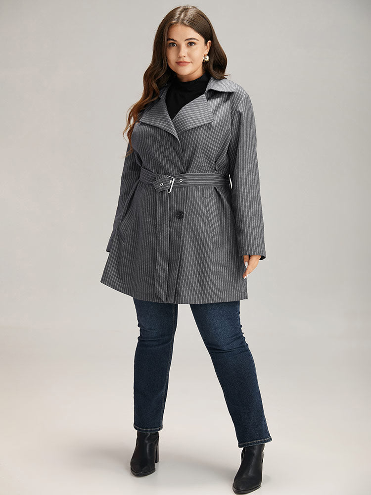 Striped Belted Lapel Collar Tunic Coat