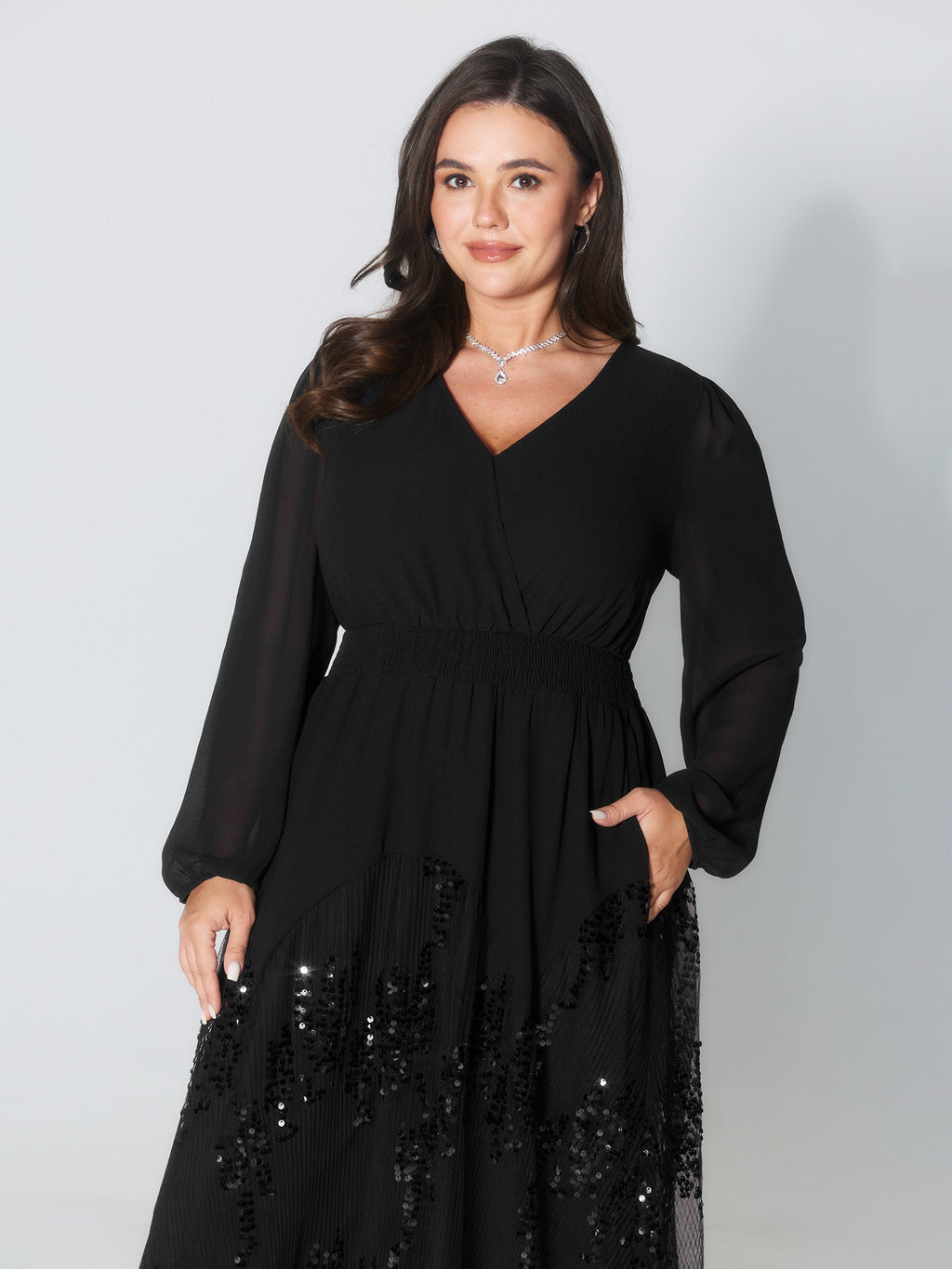 Sequin Mesh Asymmetrical Hem Maxi Dress