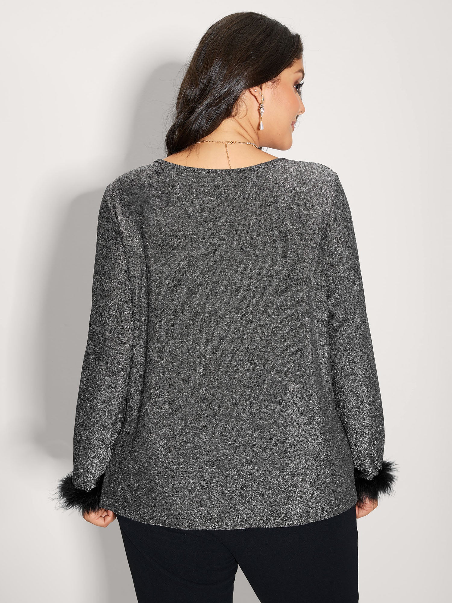 Shiny Silk Fur Cuffs Blouse