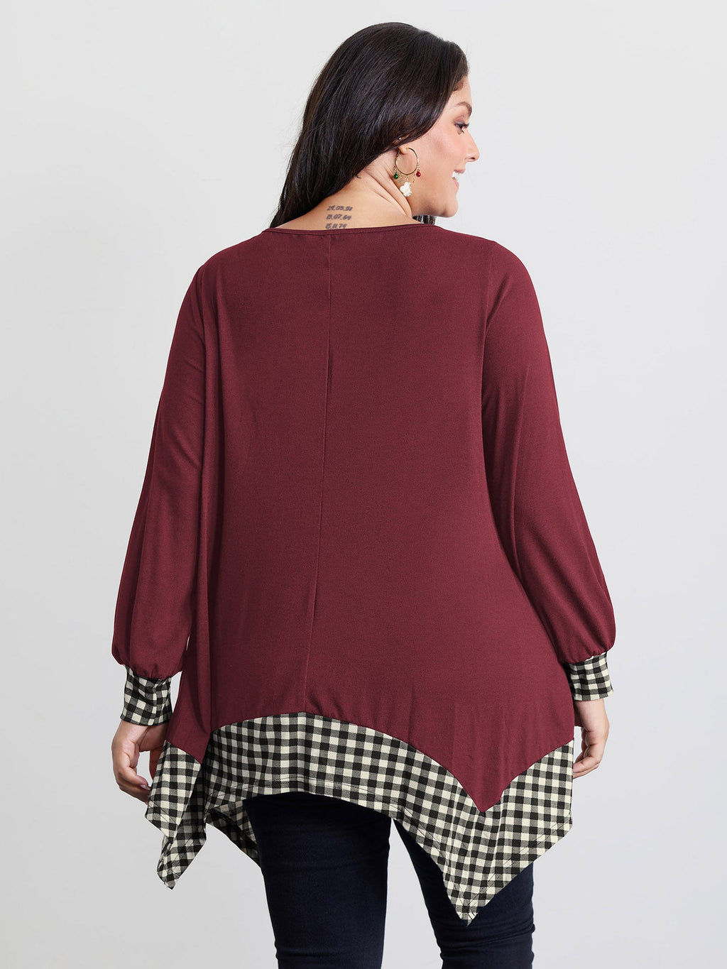 Supersoft Stretchy Checkered Asymmetrical Hem T-Shirt