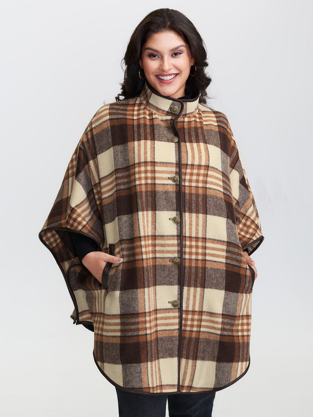 Plaid Print Collar Pockets Coat