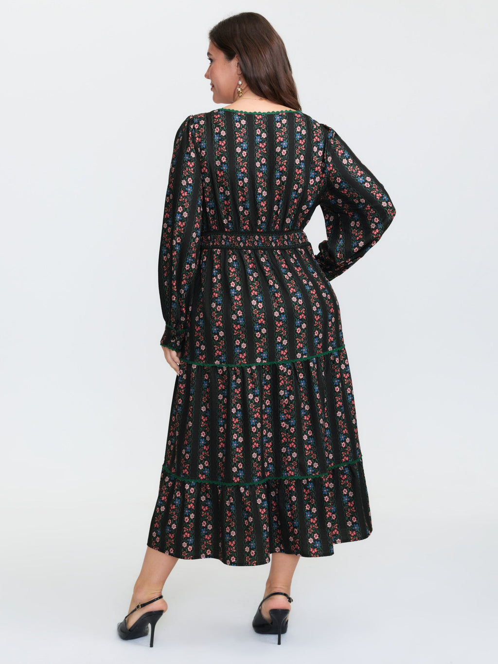 Retro Floral Stripe Tiered Maxi Dress