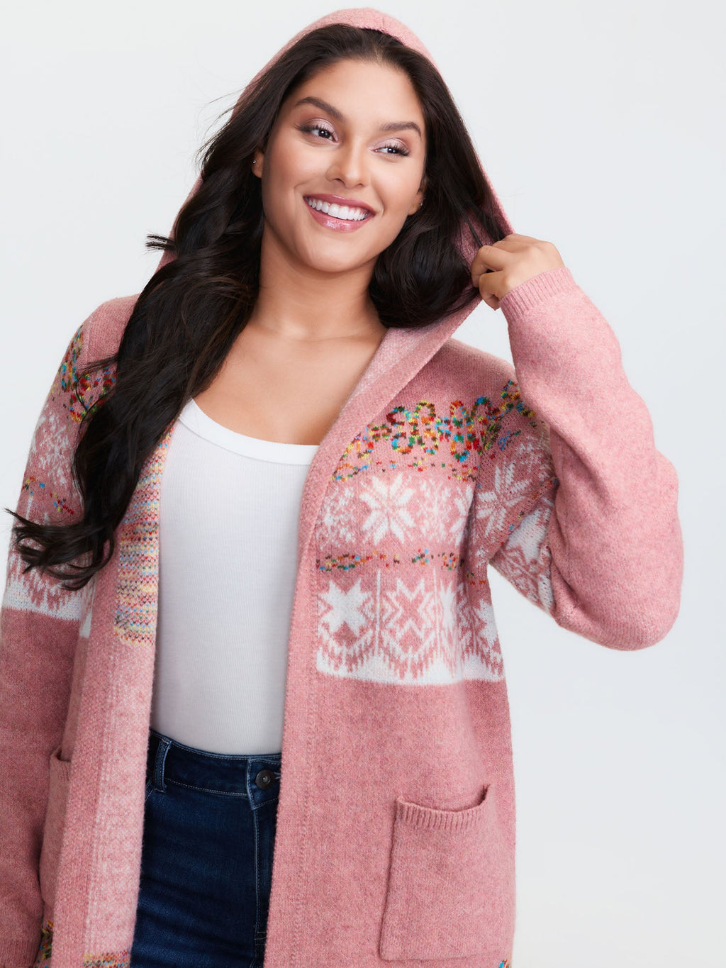 Boho Print Jacquard Hooded Knit Cardigan