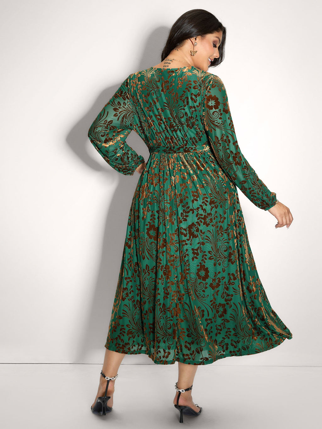 Laser-Cut Velvet Waist-Tie Midi Dress