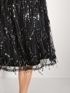 Back Bow Tie Fringe Sequin Midi Dress