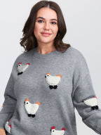 Chicken Embroidered Crew Neck Pullover