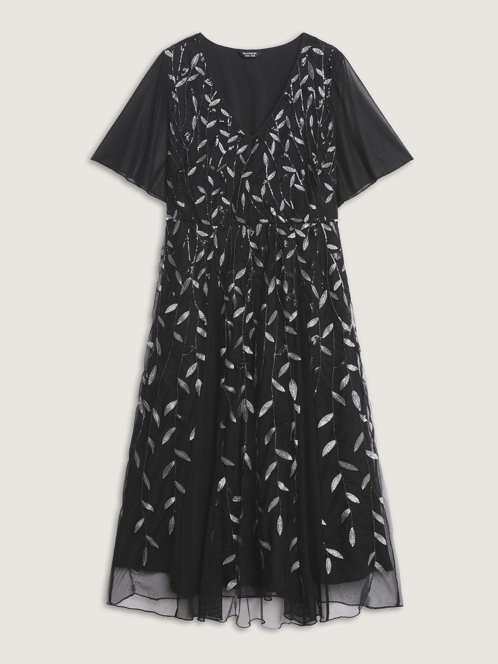 Leafy Print Sheer Sleeve V-Neck Midi Dress
