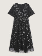 Leafy Print Sheer Sleeve V-Neck Midi Dress