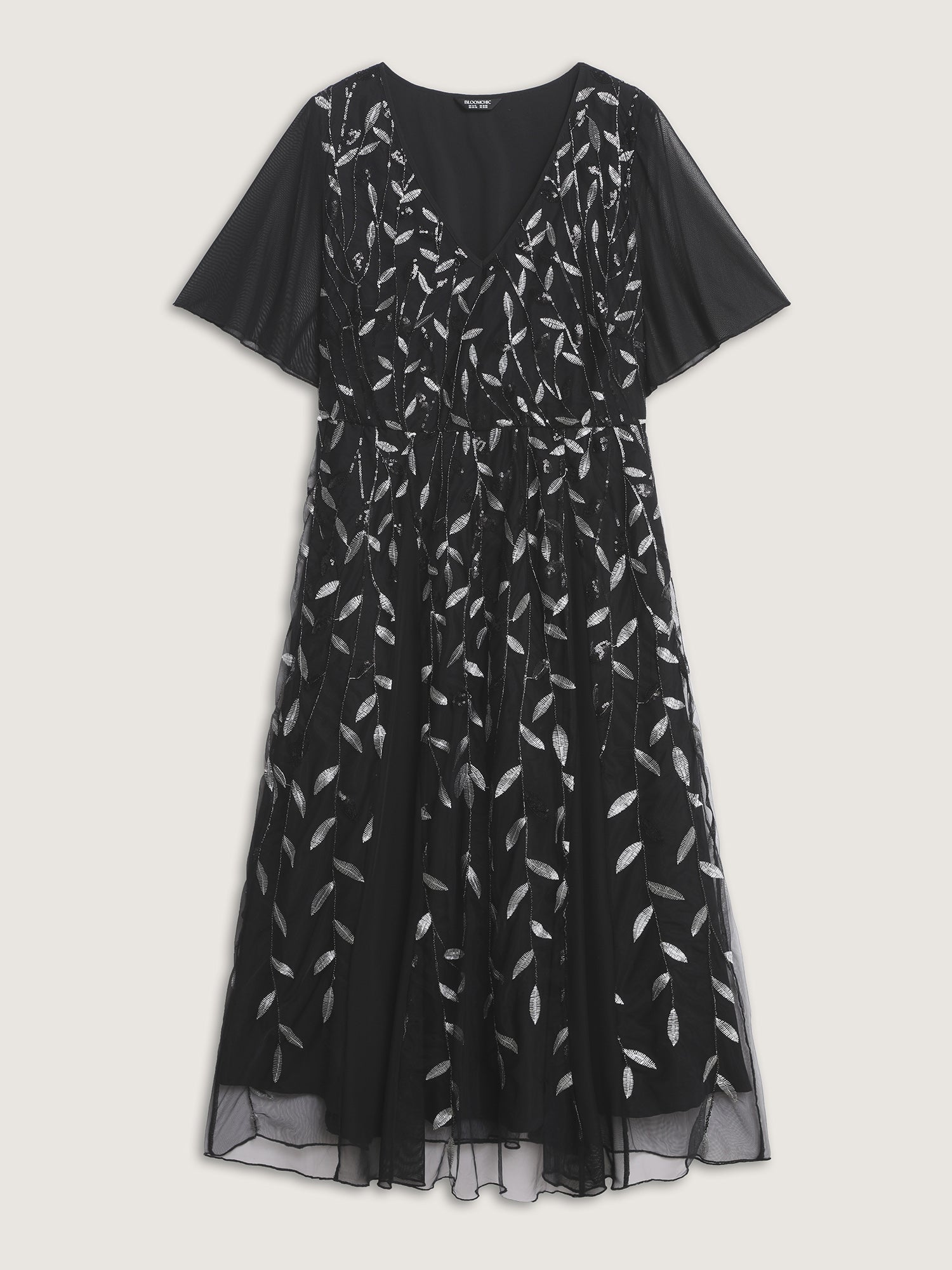 Leafy Print Sheer Sleeve V-Neck Midi Dress