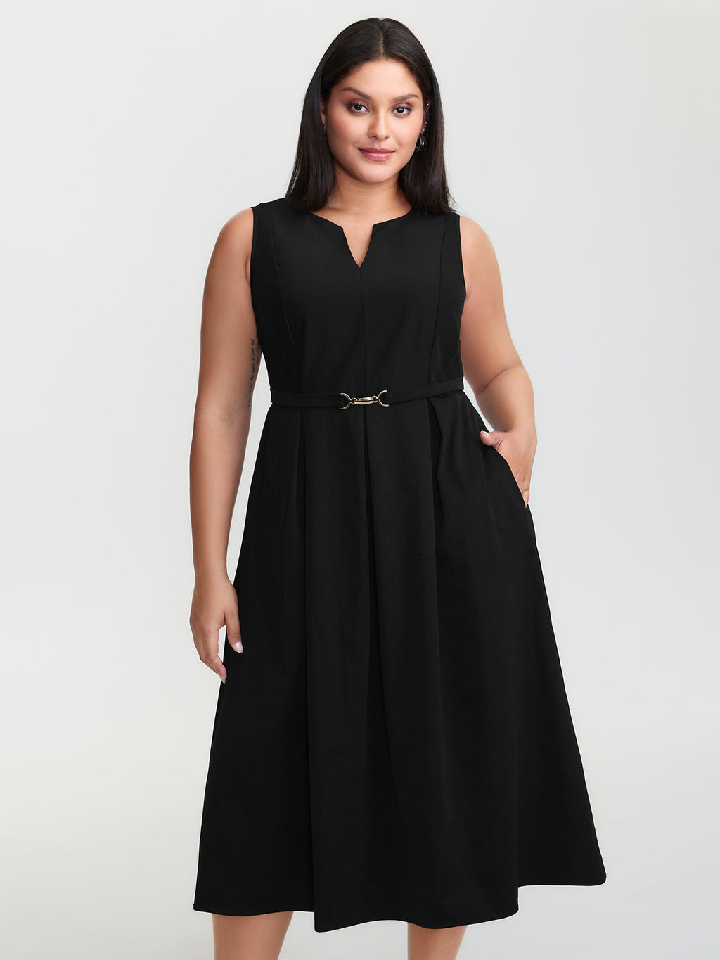 Split Neckline Waist Defining Midi Dress