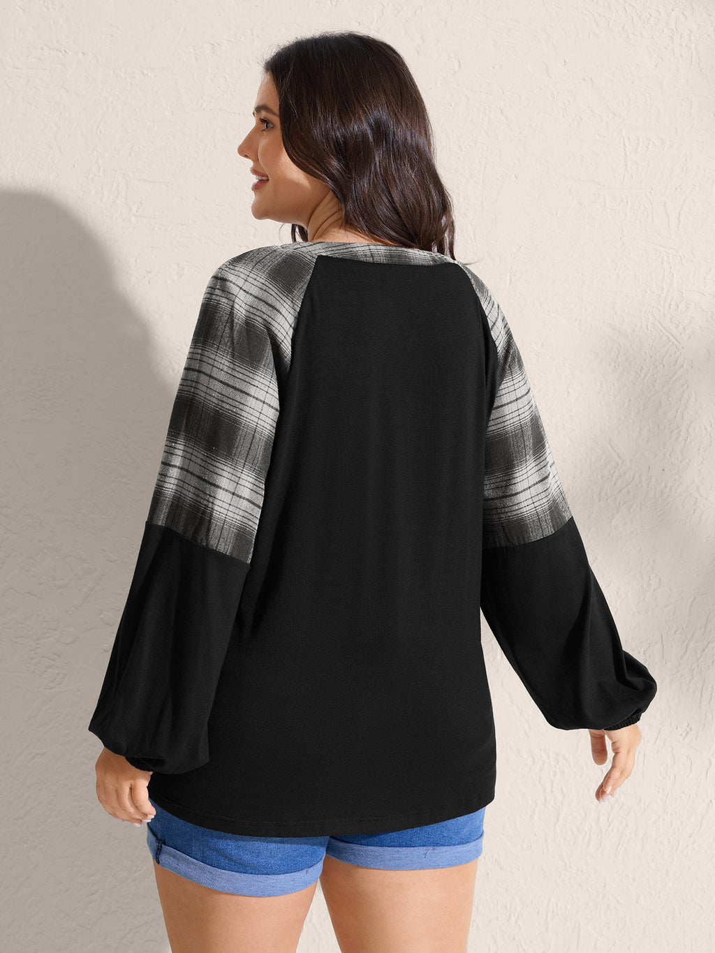 Stretchy Plaid Sleeve Split Neck T-Shirt